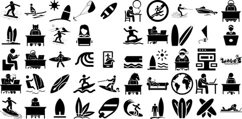 Massive Collection Of Surfing Icons Pack Hand-Drawn Isolated Simple Pictograms Surfer, Boarding, Board, Website Graphic Isolated On White Background