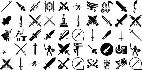 Huge Collection Of Sword Icons Collection Hand-Drawn Black Cartoon Clip Art Shield, Symbol, Tool, Icon Silhouette Isolated On White Background