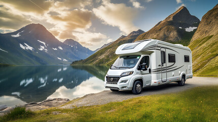 Camper parked at a Lake, mountains in background, Scandinavian - obrazy, fototapety, plakaty