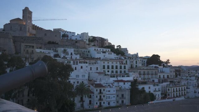 Ibiza Cathedral and Dalt Vila district at dusk, Ibiza Town, Ibiza, Balearic Islands, Spain