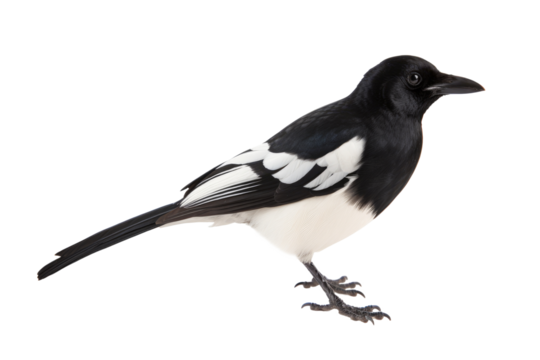 A magpie with black and white feathers, isolated, white background, generative ai