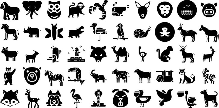 Huge Collection Of Wildlife Icons Bundle Hand-Drawn Solid Concept Clip Art Symbol, Silhouette, Tortoise, Icon Doodle For Apps And Websites
