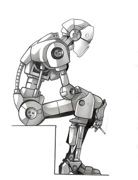sad and smoking robot sitting down