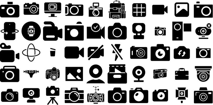 Big Collection Of Camera Icons Bundle Linear Design Signs Camcorder, Photo Camera, Silhouette, Tool Doodles For Apps And Websites