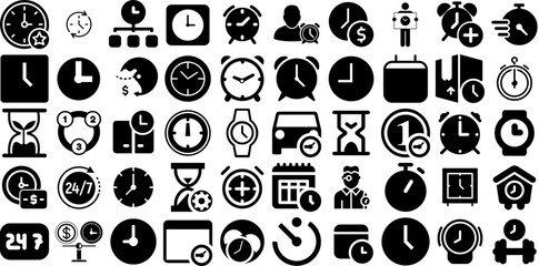 Massive Collection Of Clock Icons Collection Solid Cartoon Silhouette Line, Set, Global, Outline Glyphs For Computer And Mobile