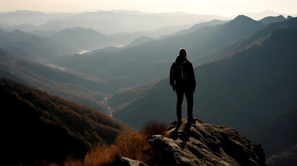 hiker at the summit of a mountain overlooking stunning scenery