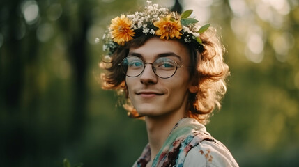 portrait of non-binary person wearing flowers