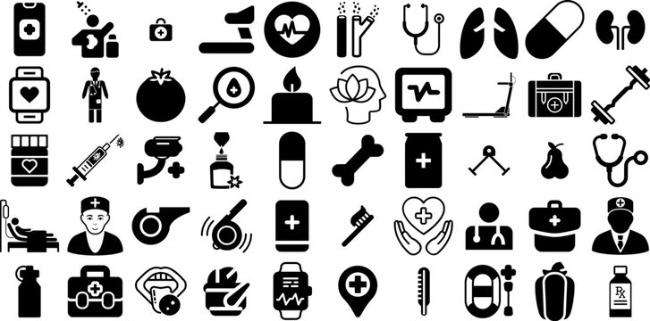 Big Collection Of Health Icons Collection Hand-Drawn Isolated Concept Symbols Patient, Cardiac, Silhouette, Set Clip Art Isolated On Transparent Background