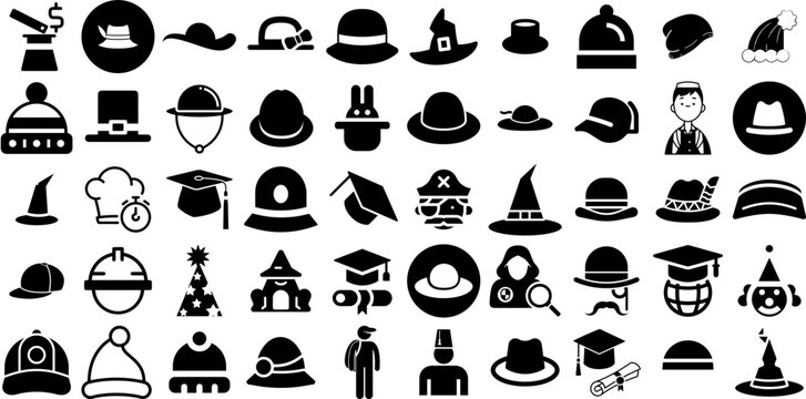 Huge Set Of Hat Icons Pack Hand-Drawn Black Cartoon Pictograms Icon, Toque, Contractor, Birthday Graphic Isolated On Transparent Background