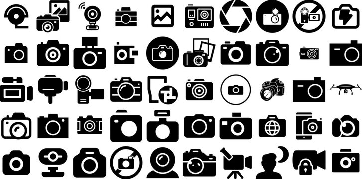 Mega Set Of Camera Icons Collection Flat Design Pictogram Tool, Silhouette, Photo Camera, Camcorder Clip Art Isolated On White Background