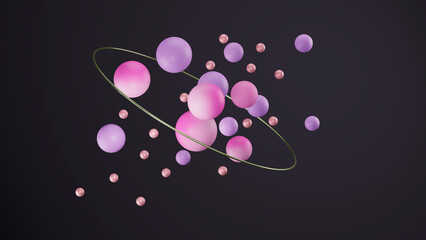 Multicolored spheres with ring levitate against dark background, 3d render