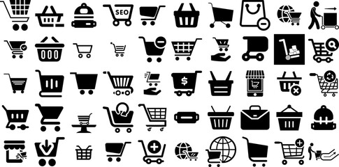 Huge Set Of Cart Icons Collection Hand-Drawn Black Simple Symbols Icon, Mark, Baggage, Symbol Pictograms Isolated On White