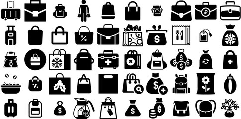 Massive Collection Of Bag Icons Collection Flat Simple Web Icon Investment, Goodie, Finance, Silhouette Glyphs Vector Illustration