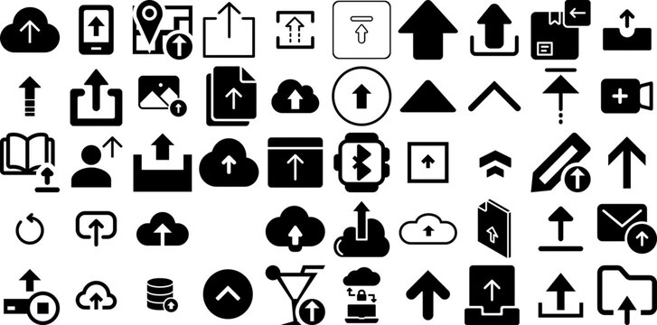 Mega Set Of Upload Icons Bundle Solid Modern Symbols Technology, Website, Image, Icon Silhouettes Isolated On Transparent Background