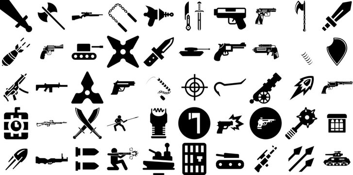 Mega Set Of Weapon Icons Set Black Cartoon Pictogram Tool, Icon, Marketing, Sword Element Vector Illustration