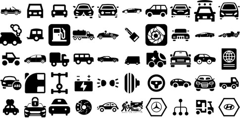 Big Collection Of Car Icons Set Solid Drawing Symbols Yacht, Mark, Slow, Laundered Glyphs Isolated On Transparent Background