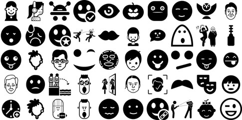 Huge Collection Of Face Icons Set Hand-Drawn Linear Design Clip Art Farm Animal, Silhouette, Laundered, Profile Silhouettes Isolated On White Background