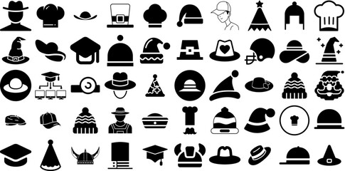Huge Set Of Hat Icons Pack Hand-Drawn Isolated Infographic Elements Icon, Contractor, Birthday, Toque Doodles Vector Illustration
