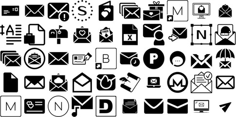 Huge Set Of Letter Icons Collection Hand-Drawn Black Infographic Signs Three-Dimensional, Mark, Typography, Correspondence Pictogram For Apps And Websites