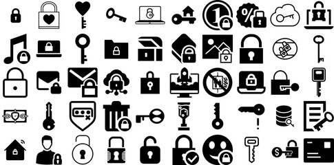Big Collection Of Lock Icons Bundle Flat Modern Pictograms Lock, Icon, Open, Symbol Silhouette Isolated On White