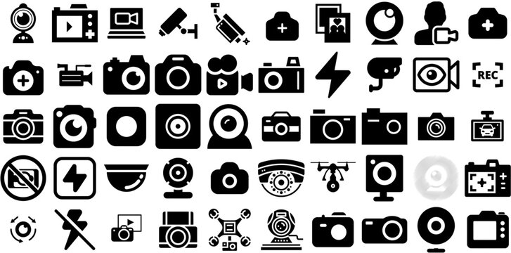 Massive Collection Of Camera Icons Pack Hand-Drawn Isolated Vector Pictograms Camcorder, Silhouette, Photo Camera, Tool Pictograph Isolated On White Background