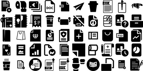 Massive Set Of Paper Icons Collection Black Cartoon Glyphs Printing, Page, Finance, Set Signs Isolated On Transparent Background - obrazy, fototapety, plakaty