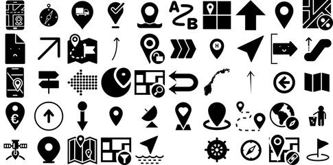 Mega Collection Of Navigation Icons Set Flat Simple Symbol Symbol, Pointer, Icon, Option Silhouettes Isolated On White Background