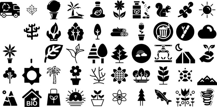 Huge Collection Of Nature Icons Bundle Isolated Drawing Pictograms Line, Blossom, Set, Cactus Doodles Isolated On Transparent Background