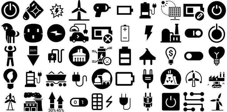 Big Set Of Power Icons Pack Hand-Drawn Black Drawing Silhouette Set, Wind, Global, Pointer Clip Art For Computer And Mobile