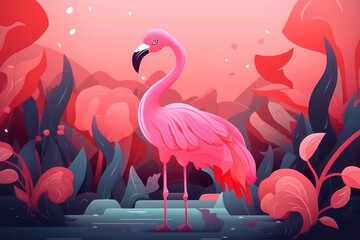 Flamingo on a safari, pink with other vibrant colors. AI generated