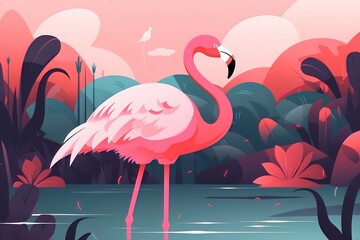 Flamingo on a safari, pink with other vibrant colors. AI generated