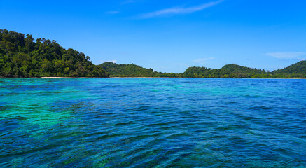 Jungle of Koh Rok Noi island above the transparent turquoise waters of the Andaman Sea in Mu Ko Lanta National Park, Krabi Province, Thailand