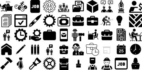 Massive Collection Of Work Icons Pack Hand-Drawn Linear Design Symbols Artist, Health, Tool, Contractor Graphic Isolated On Transparent Background