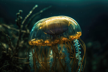 Fototapeta na wymiar A jelly fish swimming in a tropical setting. AI generated