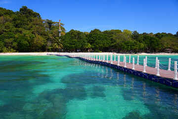 Floating pontoon on a beautiful beach with turquoise transparent waters on Koh Rok island (Ko Rok...