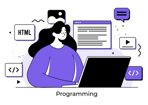 Female programmer coding software using a laptop, Computer programming flat illustration concept, web development