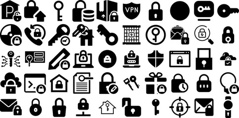 Big Set Of Lock Icons Bundle Hand-Drawn Solid Cartoon Pictograms Open, Icon, Symbol, Lock Elements Isolated On White Background
