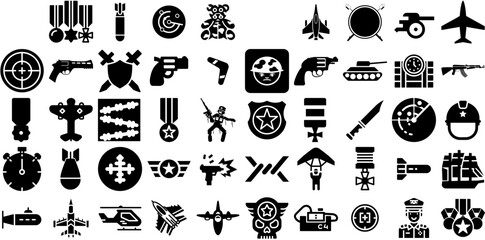 Massive Collection Of Military Icons Pack Isolated Infographic Clip Art Badge, Silhouette, Symbol, Icon Pictograms Vector Illustration