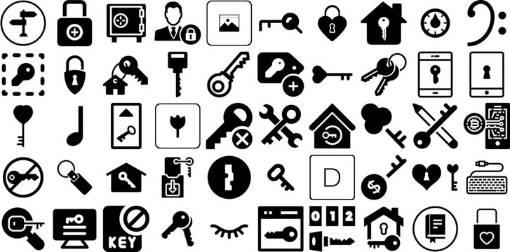 Massive Set Of Key Icons Set Isolated Drawing Pictogram Tool, Wheel, Icon, Symbol Pictograms For Computer And Mobile