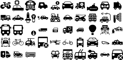 Mega Collection Of Vehicle Icons Set Hand-Drawn Black Infographic Signs Icon, Holiday Maker, Coin, Wheel Glyphs Isolated On White Background