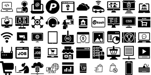 Massive Collection Of Online Icons Pack Isolated Concept Glyphs Learner, Health, Coin, Set Silhouettes Isolated On White Background