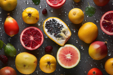 Fototapeta na wymiar Fresh exotic fruits seamless background, adorned with glistening droplets of water. AI generated