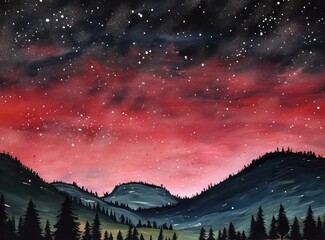 Captivating Black Painting of Stars above a Hill in Night Sky Dark Pink and Light Gray Panorama American Scene Painting