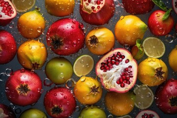 Fresh exotic fruits seamless background, adorned with glistening droplets of water. AI generated