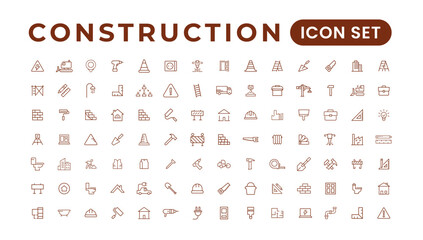 Construction line icons set. Home repair tools outline icons collection. Construction tools, builders and equipment symbols. Builder, crane, engineering, equipment, helmet, tool, house.