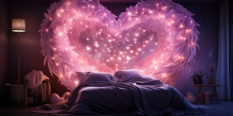 A bed with a heart shape darkly romantic illustrations pink lighting