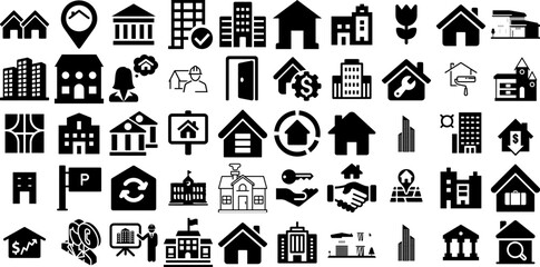 Huge Set Of Estate Icons Pack Solid Infographic Clip Art Icon, Contractor, Finance, Luxury Home Buttons Isolated On White