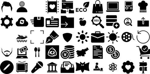 Huge Collection Of Icon Icons Pack Isolated Design Silhouettes Patio, Biker, Tool, Engineering Doodles Vector Illustration