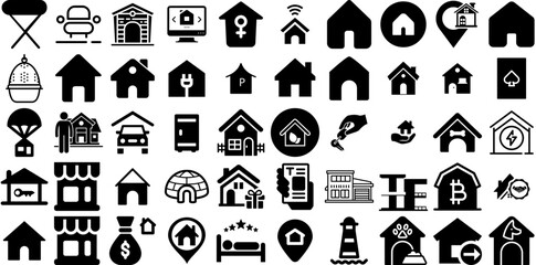 Big Collection Of House Icons Pack Hand-Drawn Linear Concept Silhouettes Silhouette, Tool, Roof, Mark Symbol Isolated On White