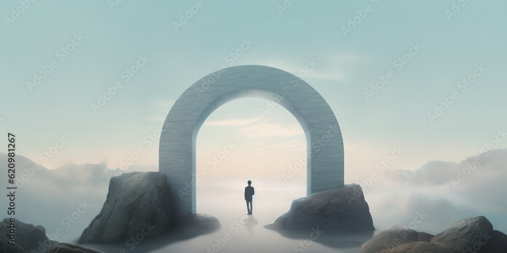 Poster a figure of a guy standing at the terminus of a passageway in the clouds.